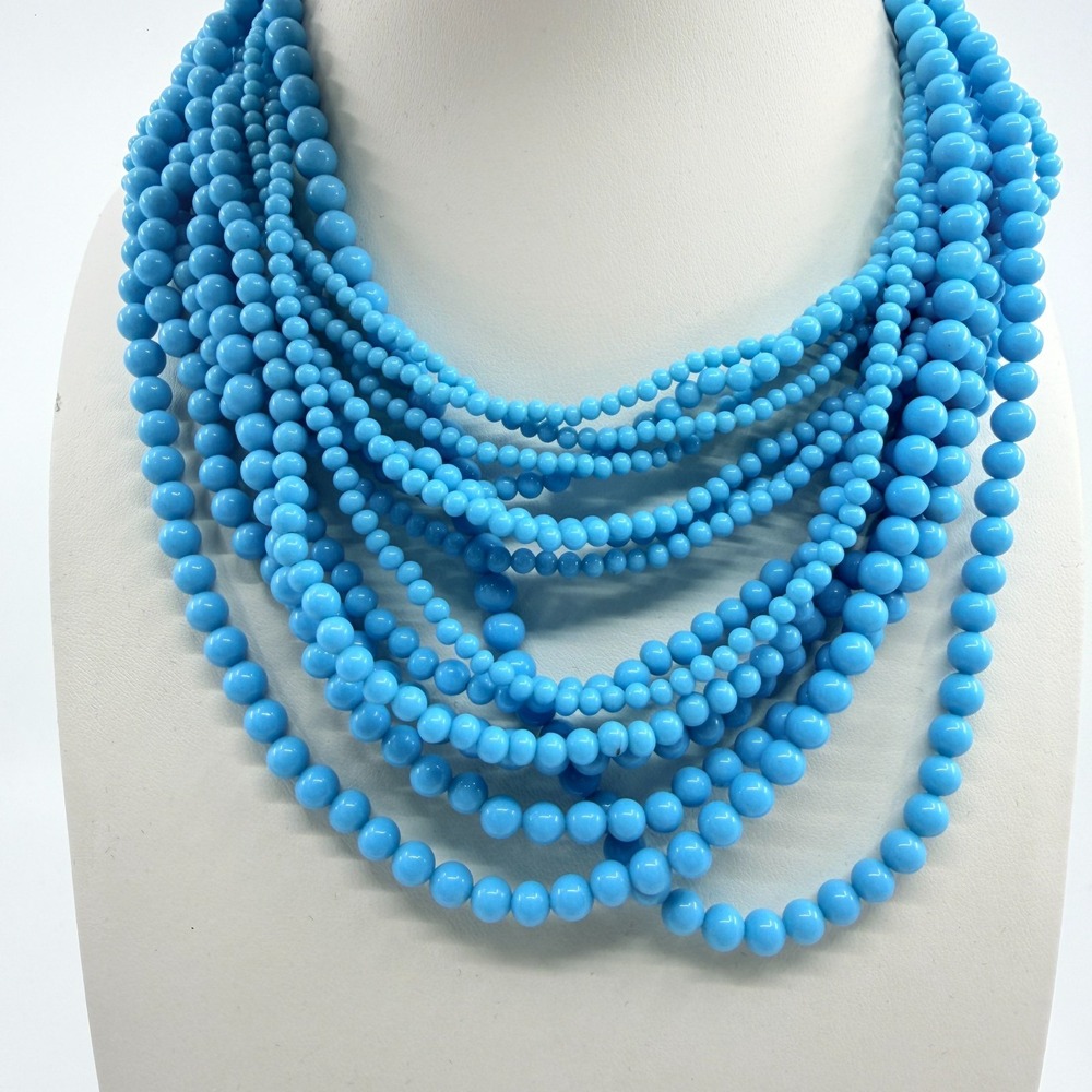Vintage Retro Sky Blue Multi Strand Beaded Statement Necklace Chunky Layered 90s